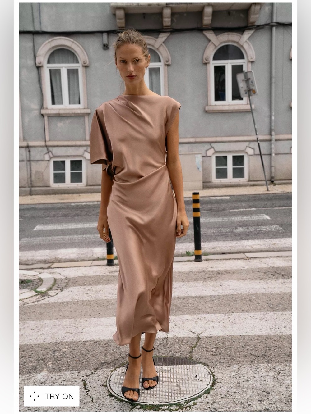ZARA ASYMMETRIC SLEEVE SATIN EFFECT MIDI DRESS